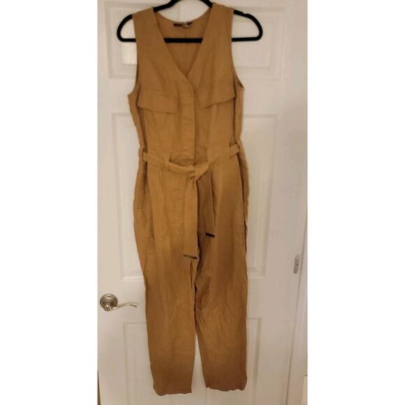 Donna Karan Jumpsuit Womens Small 100% Linen Tan Safari Straight Leg - Picture 2 of 10